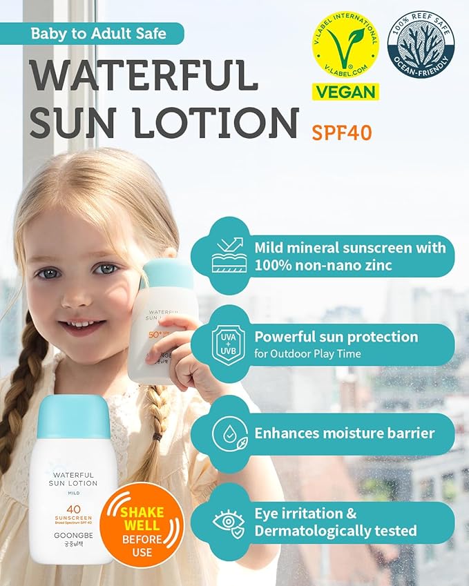 Sun Lotion SPF 40 & Baby Soothing Water Gel Cream - Zinc Oxide Mineral Sunscreen & Cooling Moisturizer - Korean Skincare for Babies Kids - Hypoallergenic Formula, 2.82oz & 3.38oz