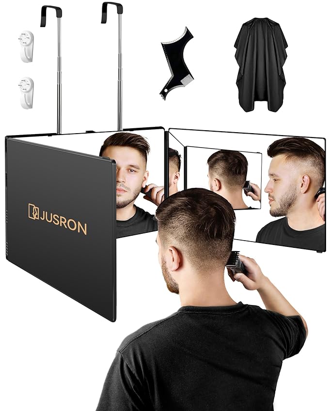 JUSRON 360 Viewing Angle Self Hair Cutting Mirror, Clear Anti-Fog HD Glass (Black Without LED with Accessories)