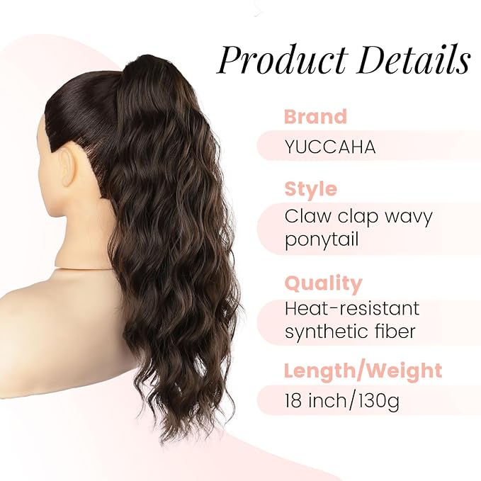 Claw Clip Ponytail Extension 18 Inch Curly Wavy Ponytail Extension Jaw Clip on Pony Tails Hairpiece for Women Fluffy Natural Synthetic for Daily Use (Dark Chestnut Brown)