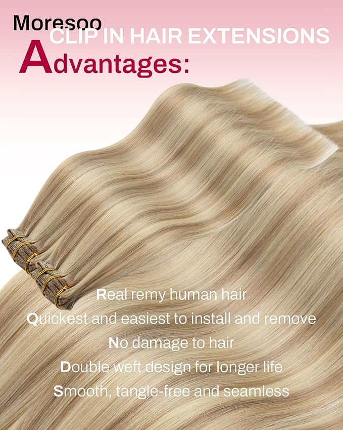 Moresoo Seamless Clip in Hair Extensions Dark Ash Blonde Highlighted with Golden Blonde Remy Clip in Seamless Human Hair Extensions 7pcs/120g 18inch