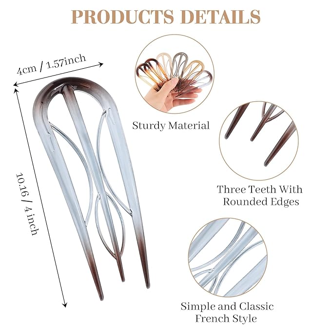 6 PCS French Hair Pins for Women - Large U-Shaped Hair Forks with Internal Teeth, Strong Hold for Thick & Thin Hair, Effortless French Twists, Updos, Buns & Chignons, Hairstyle Accessories
