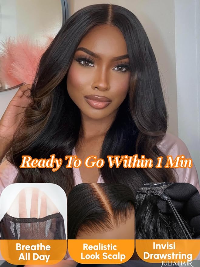Julia Hair Chestnut Brown Ombre Yaki Straight 7x5 Pre Cut HD Lace Put On and Go Wig Bye Bye Knots Glueless Human Hair Wigs with Invisi Drawstring Pre Plucked Bleached Knots Beginner Friendly 16 Inch