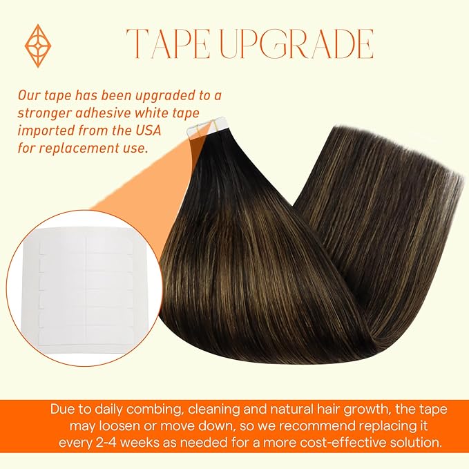 Full Shine Invisible Tape in Hair Extensions Human Hair 1B Off Black Ombre 6 Chestnut Brown Tape in Extensions 20 Inch Silky Hair Extensions 20 Pcs 50 Gram Natural Human Hair for Party