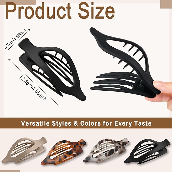 4 PCS Large Flat Hair Clips for Women Girls, French Concord Lay Down Claw Clips for Thick Thin Hair, No-Slip Duck Billed Barrettes, Tortoise Print Stylish Strong Hold Hair Accessories - Leopard2