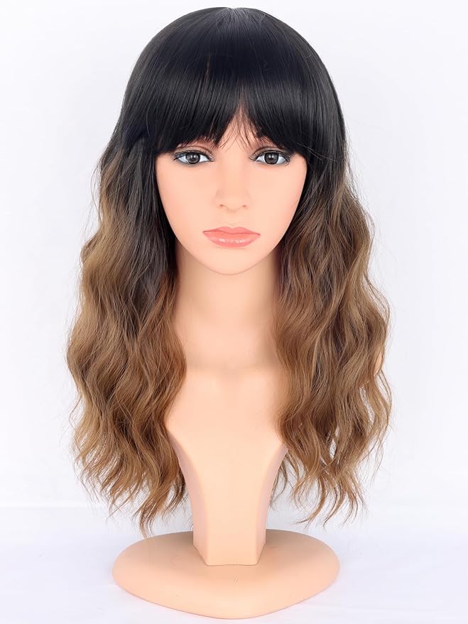 Ombre Brown Wavy Wigs with Bangs for Women - Medium Length Black To Brown Synthetic Wigs for Daily Party Use