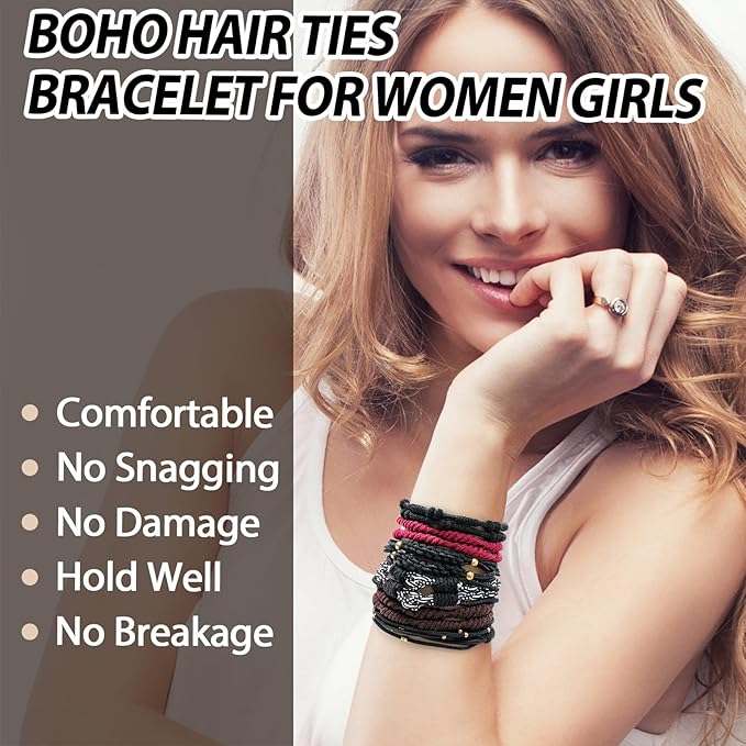 Boho Hair Ties For Girls, 20pcs Hair Tie Bracelet, Elastic Hair Ties, Hair Bands For Ponytails, Ponytail Holder For Daily Life, Sport, Cooking, Working