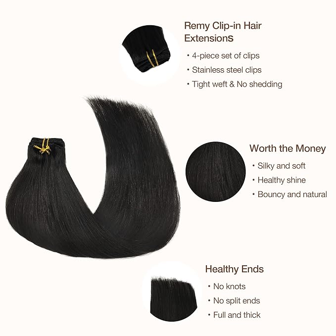 GOO GOO Clip in Hair Extensions Real Human Hair, Remy Human Hair Extensions Clip ins for Women, Natural Human Hair, 18inch 70g 4Pcs, 1B Natural black