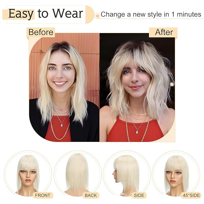 SEGO Hair Toppers for Women Real Human Hair With Bangs, 7 * 13CM Silk Base 100% Remy Human Hair Clip in Top Wiglet Hairpieces Add Volume -14 Inch Platinum Blonde
