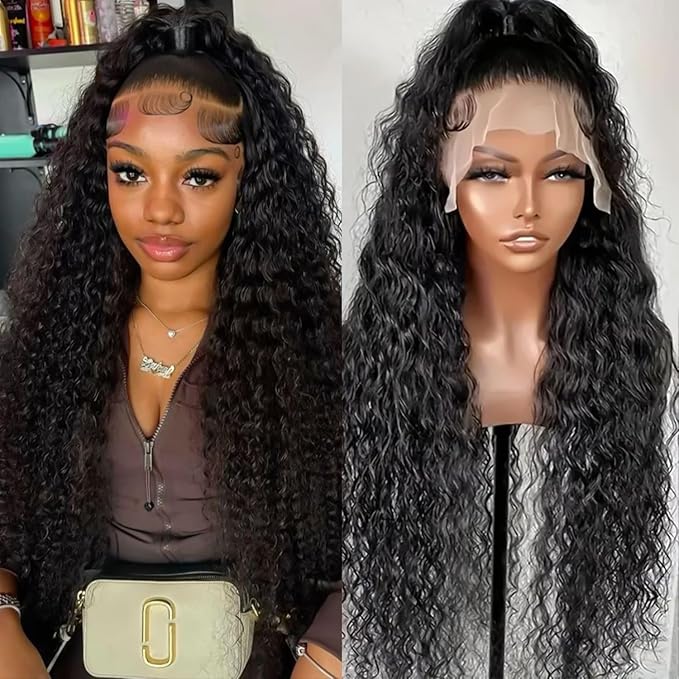 360 Glueless Drawstring Wig Human Hair 30 Inch Pre Plucked Hidden Strap 360 Water Wave Lace Front Wigs,180% Density Curly Wet and Wavy HD Full 360 Lace Frontal Human Hair Wig