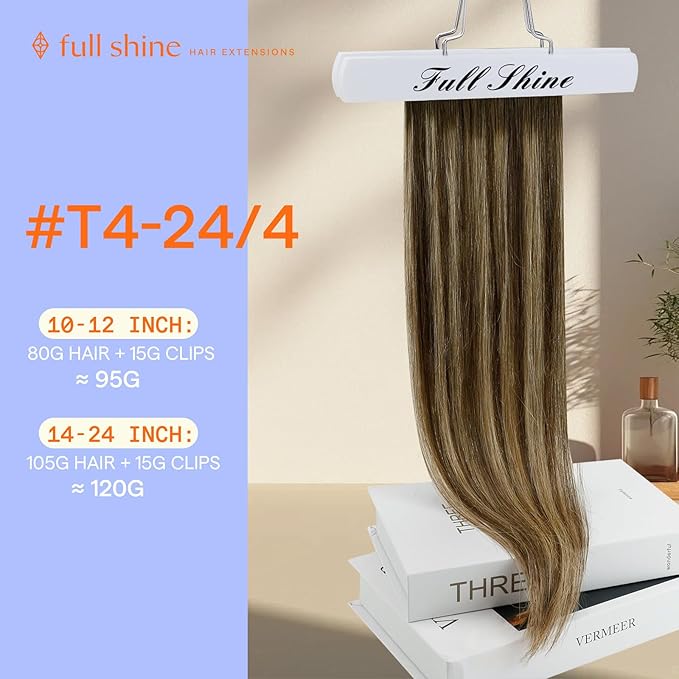 Full Shine Clip in Hair Extensions Balayage Medium Brown to Honey Blonde Hair Extensions Clip in Human Hair for Short Bob for Short Thin Hair 12 Inch 95 G 7 Pcs