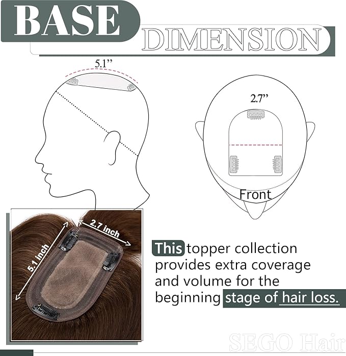 SEGO Hair Toppers for Women Real Human Hair with Thinning Hair, Toppers Hair Pieces Clip in Toppers Straight Hair Pieces with Front Bangs 150% Density Silk Base -6 Inch #4 Medium Brown