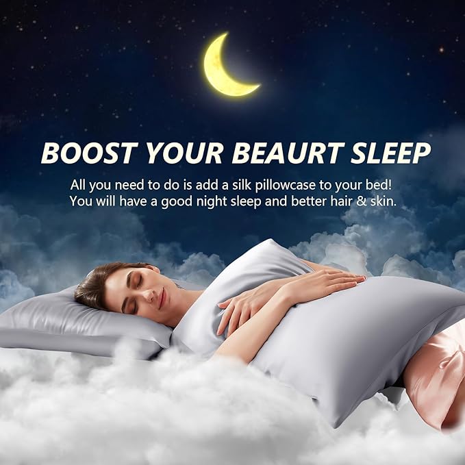 Silk Pillow Cases 2 Pack Queen Size Mulberry Silk Pillowcase Set of 2 for Hair and Skin 30 x 20 Inches 22 Momme Both Side Grade 6A Silk Soft Breathable Cooling with Hidden Zipper, Grey