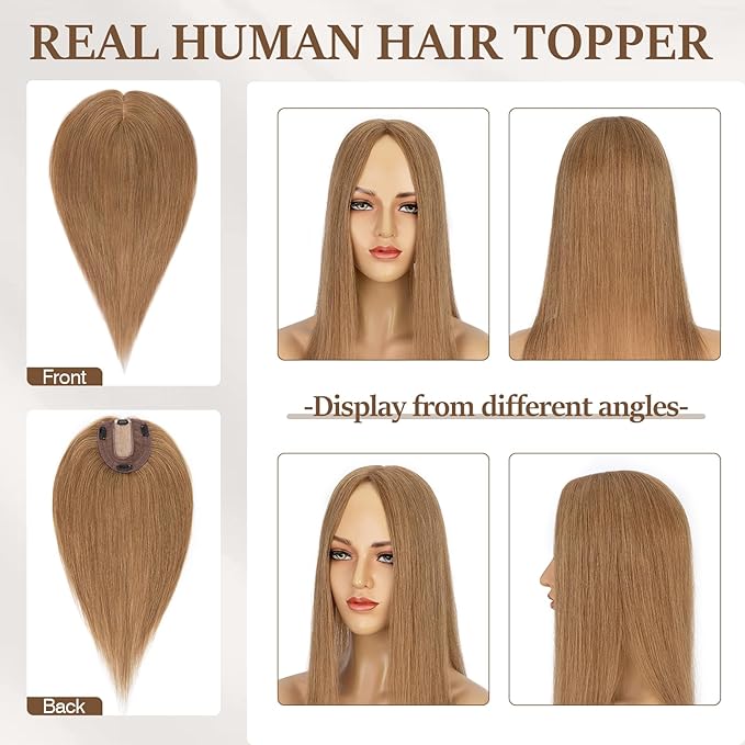 Rich Choices Hair Toppers for Women Real Human Hair 100% Human Remy Toppers NO Bangs for Women with Thinning on Top Clip in Hairpiece 4"x4.7"Lace Base 12 Inch #6 Light Brown