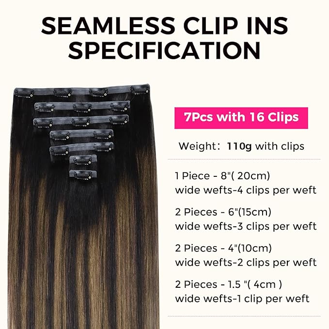 Lashey Seamless Clip in Hair Extensions Human Hair Light Yaki 14 Inch 110g 7pcs Natural Black Mixed Chestnut Brown Clip in Hair Extensions Human Hair for Black Women