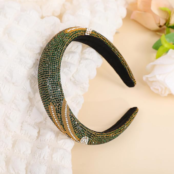 Sparkle Wide Headband for Women Fashion Green Rhinestone Headbands Dressy Glitter Headband Comfortable High Elastic Head Band Hairband Hair Hoop Hair Accessories for Women