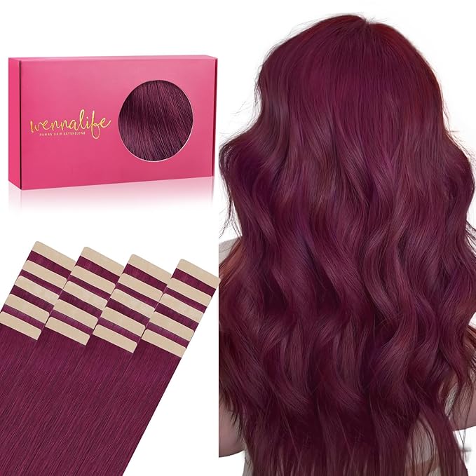 WENNALIFE Tape in Hair Extensions Human Hair, 20pcs 50g 22 inch Light Burgundy Remy Hair Extensions for Women Tape Ins Straight Extensiones De Cabello Humano Skin Weft