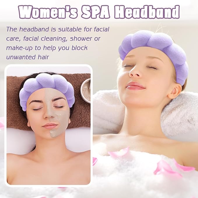 Zkptops Spa Headband for Washing Face Wristband Set Sponge Makeup Skincare Headband Terry Cloth Bubble Soft Get Ready Hairband Women Girl Puffy Padded Headwear Non Slip Thick Hair Accessory(Purple)