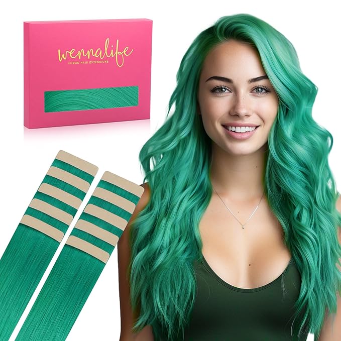 WENNALIFE Tape in Hair Extensions Human Hair Green Tape in Extensions, 10pcs 30g 26 inch Remy Invisible Tape Ins Straight Colored Soft Real Human Hair Tape in Extensions Refill Set Extensions