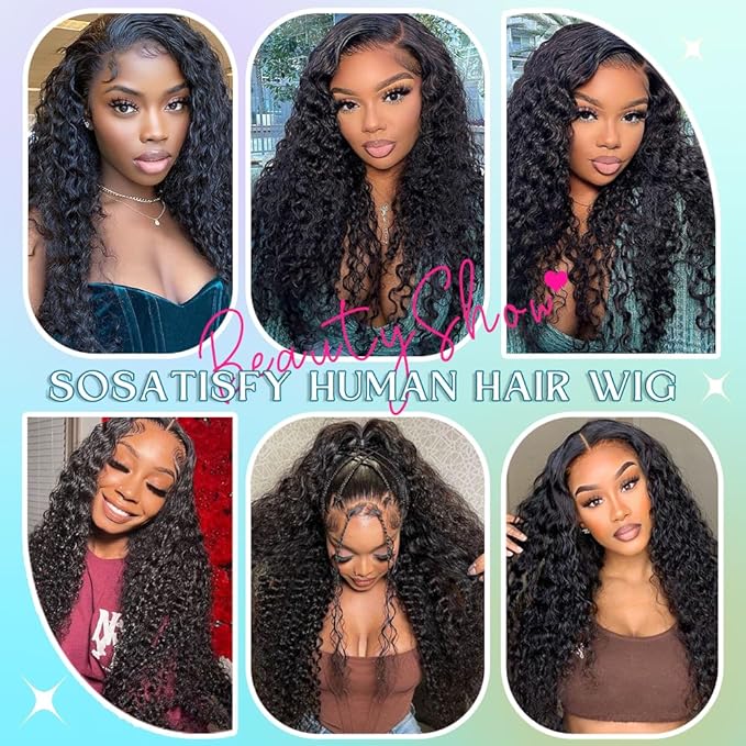 SOSATISFY 13x6 Deep Wave Lace Front Wigs Human Hair Pre Plucked 26 Inch HD Transparent Lace Frontal Curly Wigs 200% Density Glueless Deep Curly Wigs For Women Natural Black
