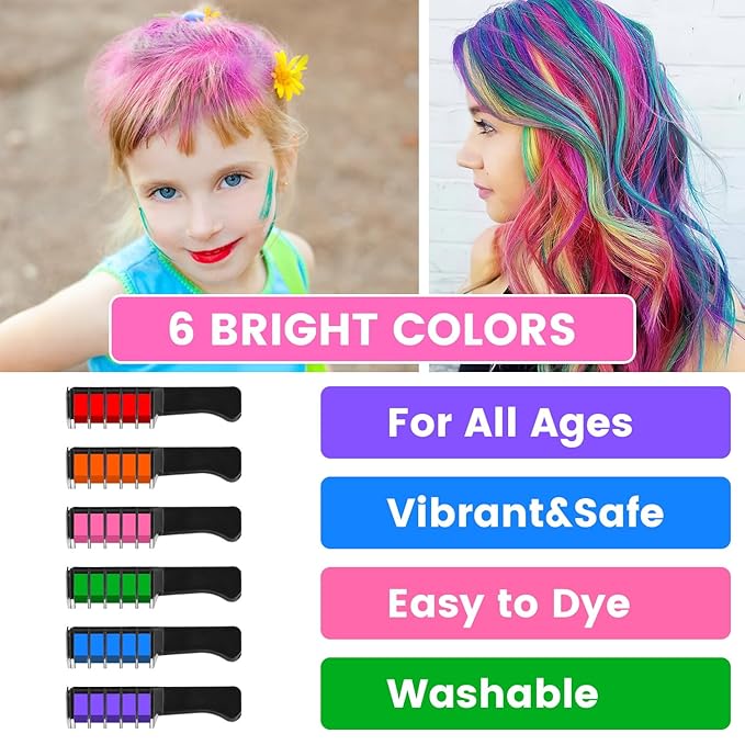 6 Color New Hair Chalk Comb Temporary Bright Washable Hair Color Dye for Kids,Washable Hair Chalk for Girls Age 4 5 6 7 8 9 10 New Year Birthday Cosplay DIY(Blue&Orange&Green&Pink&Brown&Purple)
