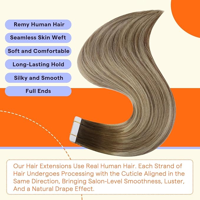 Full Shine Tape in Hair Extensions 18 Inch Seamless Human Hair Extensions Tape Ins Ombre Color 3 Dark Brown Fading to 6 and 22 Adhesive Tape in Extensions 20 Pcs 50 Gram Remy Hair Add Volume