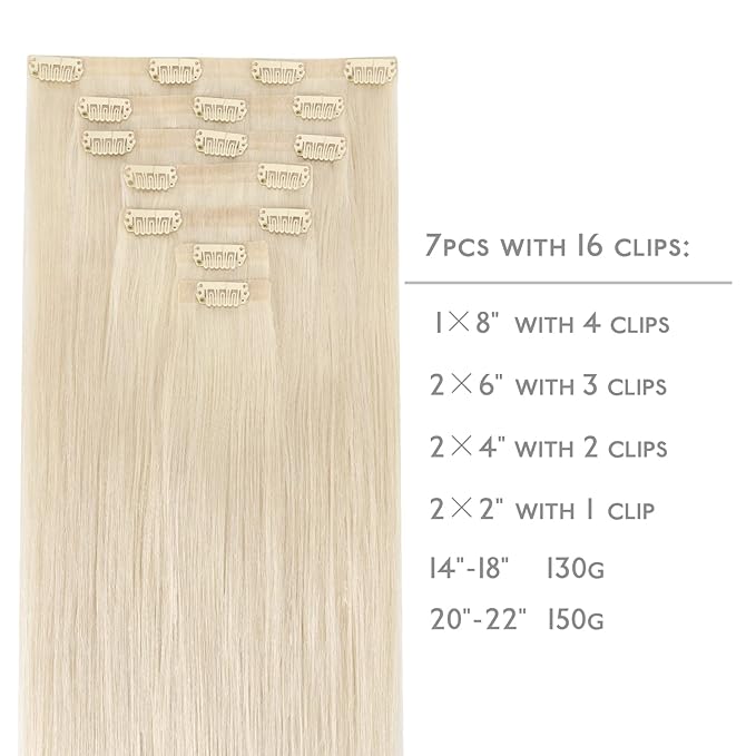 WENNALIFE Seamless Clip In Hair Extensions Human Hair, 14 Inch 130g 7pcs Platinum Blonde Real Hair Extensions Clip in Human Hair Invisible PU Skin Weft Natural Remy Human Hair Extensions