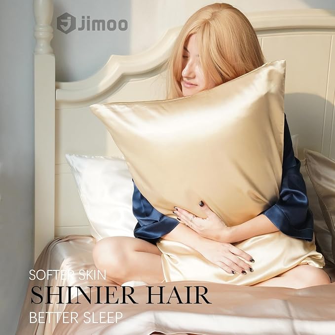 J JIMOO 100% Mulberry Silk Pillowcase for Hair and Skin, 22 Momme Pure Natural Silk Pillow Case Both Sided with Zipper, Pillow Cover for Women Mom Men (Beige, Standard 20''×26'', 2 Pack)