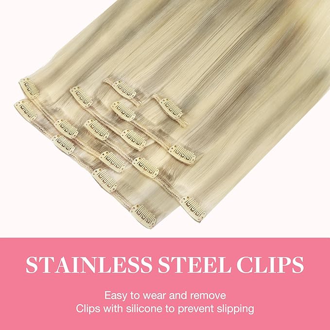GOO GOO Clip in Hair Extensions Real Human Hair, Remy Human Hair Extensions Clip ins for Women, Natural Human Hair, 14inch 120g 7Pcs, 17/22/60 Balayage Ash Blonde to Golden Blonde and Platinum Blonde