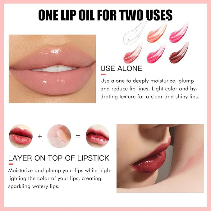 2PCS Lip Oil Set, Hydrating Lip Glow Oil Lip Plumper Gloss, Tinted Lip Oils Transparent Long Lasting Non-sticky Lip Gloss, Plumping Lip Gloss Lip Care Kit (Raspberry & Cherry)