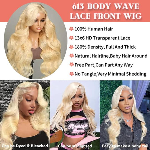 32 Inch 613 Blonde Lace Front Wig Synthetic Hair Pre-Styled Body Wave 13x4 HD Transparent Lace Glueless Wig with Wig Cap for Women