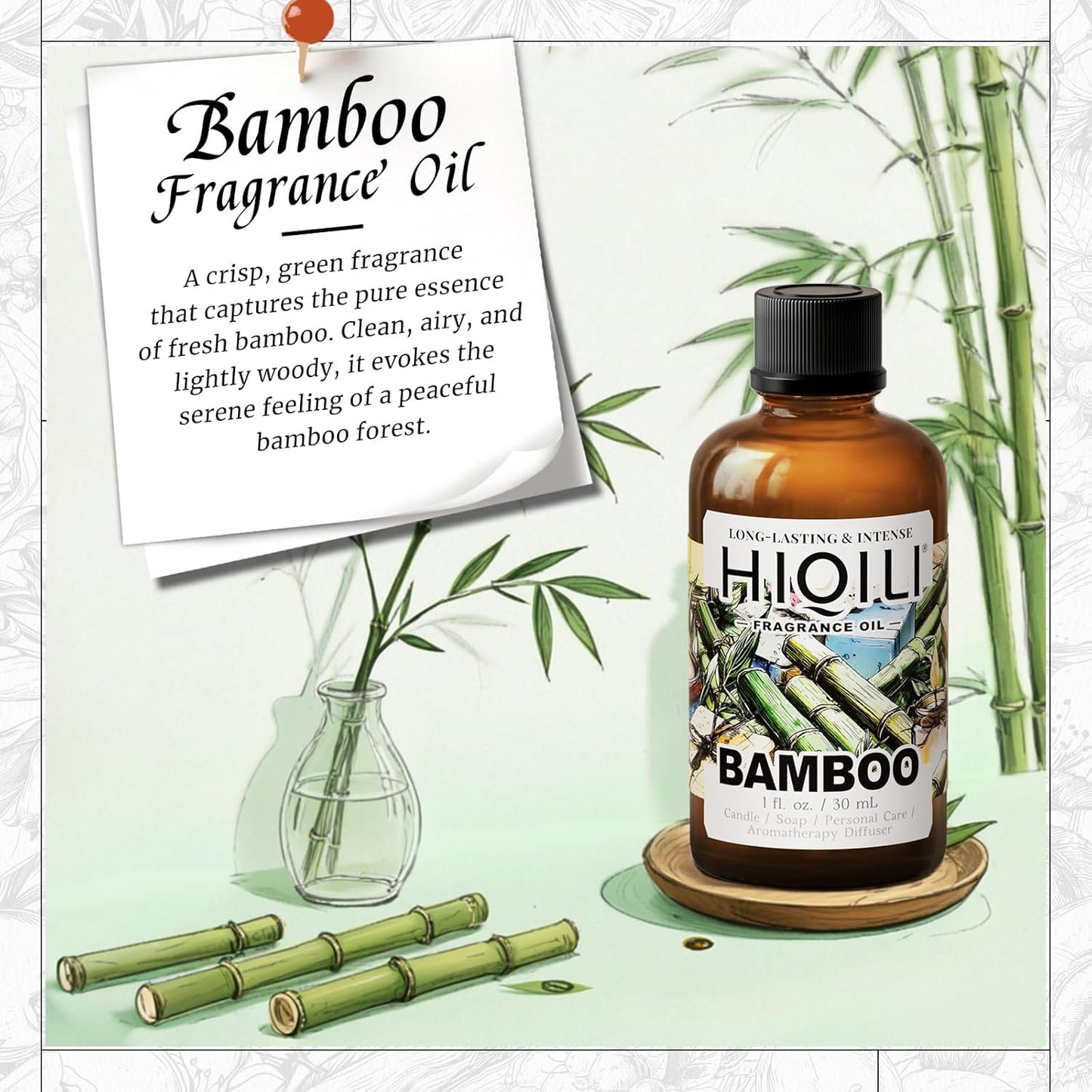 HIQILI Bamboo Fragrance Oil for Scent Diffuser, Idea for Candle & Soap Making, DIY Room Air Fresheners, New Car Scent - 1 Fl Oz