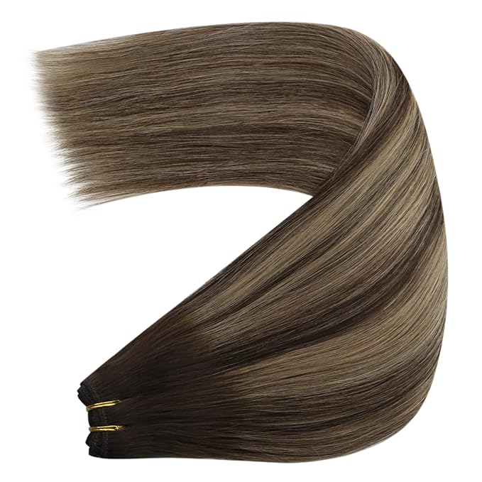 YoungSee Human Hair Sew in Extensions Brown Balayage Double Weft Human Hair Extensions Dark Brown Mix Caramel Blonde Balayage Straight Hair Weft Extensions Remy Hair 20Inch 100G