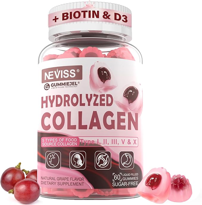 Hydrolyzed Collagen Peptides Gummies for Women & Men, Multi Collagen Type I,II,III,V,X w/ 5000IU Vitamin D3 & Biotin Keratin Hair Vitamin Gummies, Marine Collagen Supplement Gummy - Sugar Free, 60ct