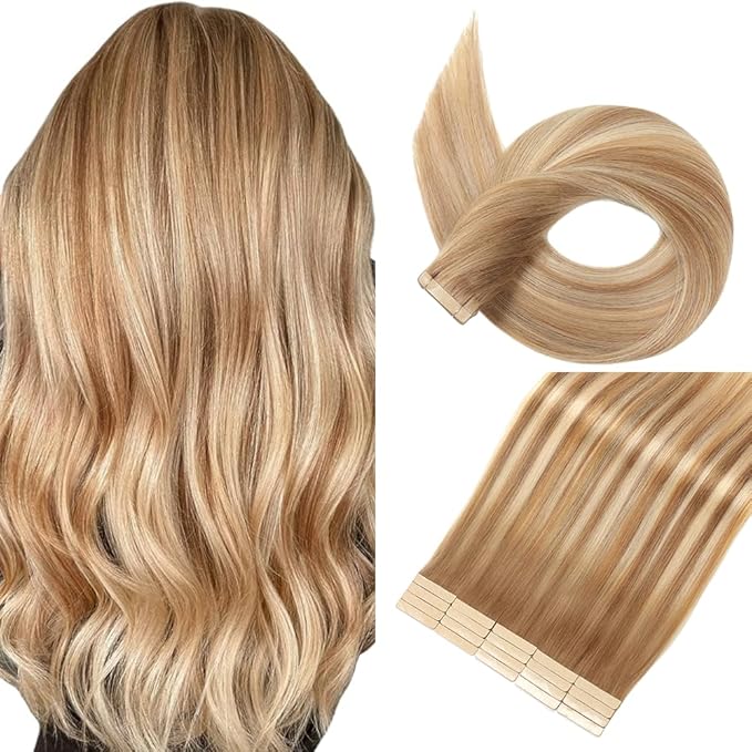 Tape in Hair Extensions Human Hair 16 Inch 20pcs Invisible Tape ins Hair Extensions Real Human Hair Middle Brown Highlight with Dark Blonde Remy Seamless Injected Tape Extensions
