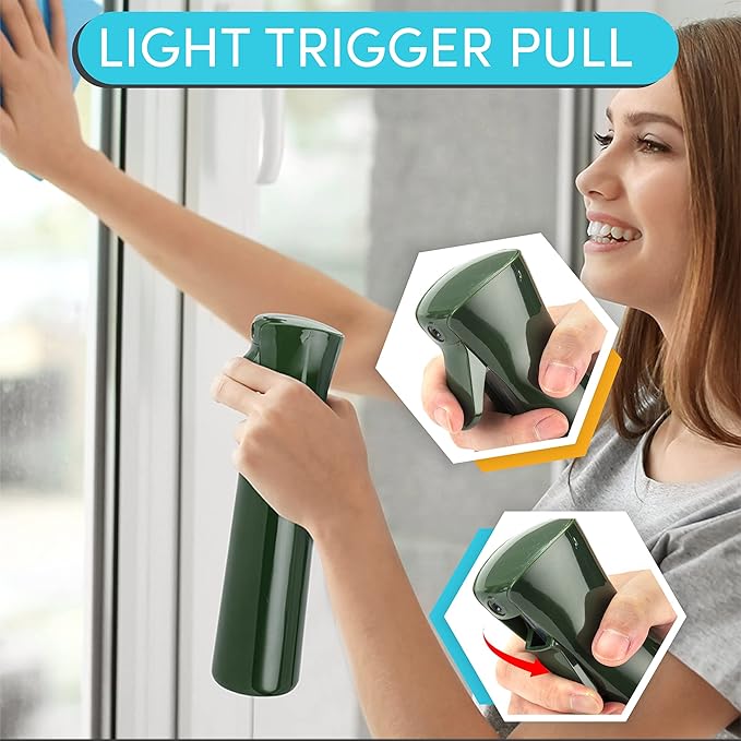 Hula Home Continuous Spray Bottle for Hair (10.1oz/300ml) Empty Ultra Fine Plastic Water Mist Sprayer – For Hairstyling, Cleaning, Salons, Plants, Essential Oil Scents & More - Green