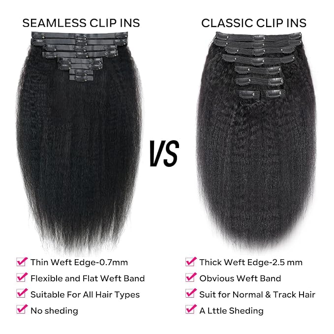 Seamless Kinky Straight Clip in Hair Extensions for Black Women Brazilian Virgin Human Hair Extensions 8Pcs Seamless Clip ins Human Hair with 18Clips Invisible PU Skin Weft 120g 14inch Natural Black