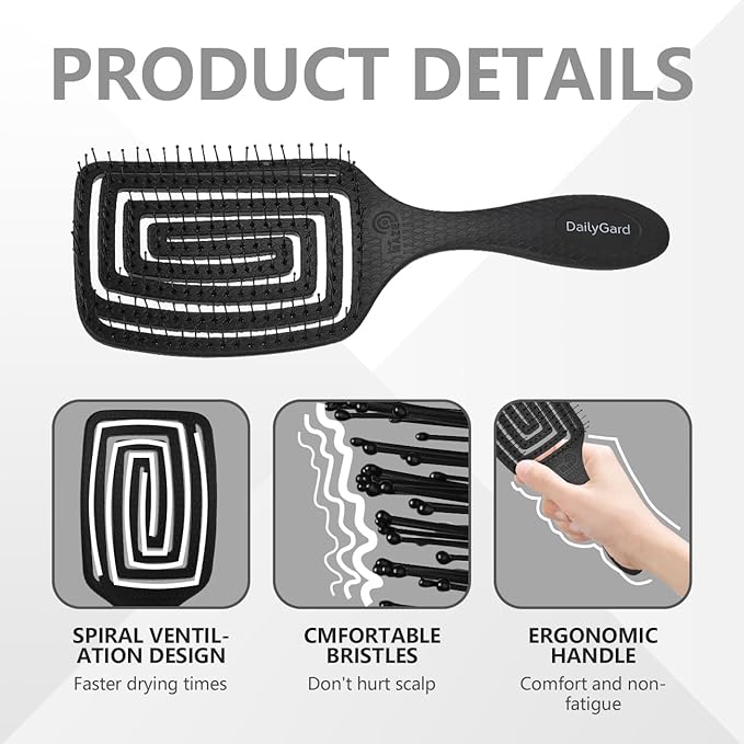 Detangling Brush, Dry and Wet Vented Detangler Hair Brush for Women and Men, Professional Paddle Curved Styling Hairbrush for Straight/Curly/Thick/Long/Wavy/Damaged Hair, Black