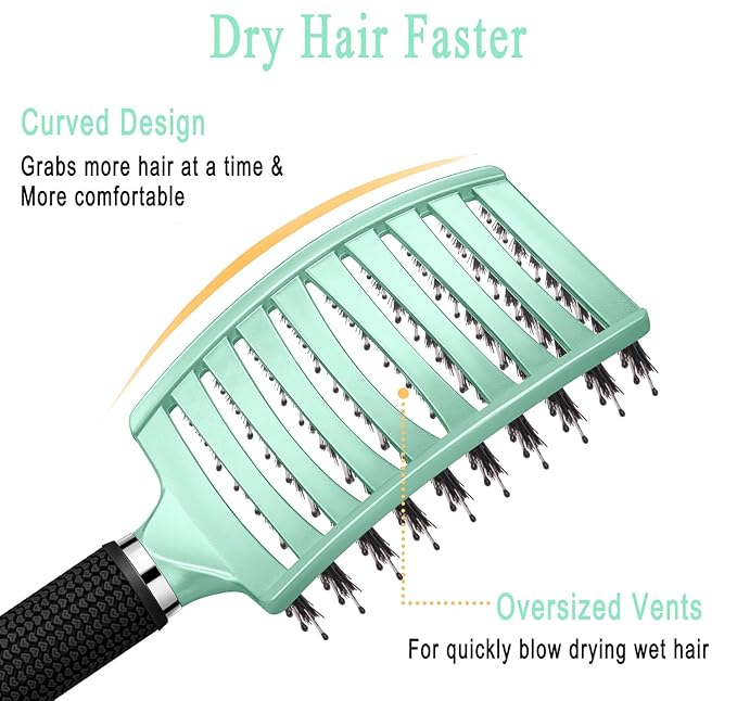 KTKUDY Detangling Brush Boar Bristles HairBrush Make Hair Shiny & Healthier Curved and Vented Detangler Brush for Women Men Kids Wet and Dry Hair (Turquoise)