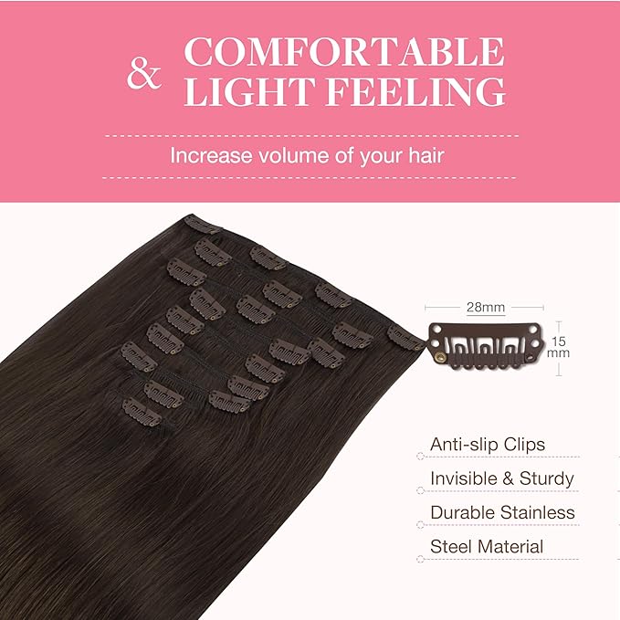 GOO GOO Clip in Hair Extensions Real Human Hair, Remy Human Hair Extensions Clip ins for Women, Natural Human Hair, 14inch 150g 9Pcs, 2A Light Brown