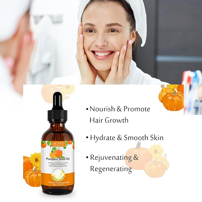 Pumpkin Seed Oil, Pumpkin Seed Essential Oil for Hair Growth & Dry Damaged Hair, Strengthen Hair Thickness, Nourish Hair scalp, Moisturizer Serum for Skin, Face & Body, 2.02 Fl Oz