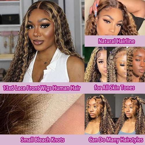 32inch Highlight Curly Lace Front Wigs Human Hair 13x6 Ombre Deep Wave Lace Front Wig Human Hair Pre Plucked P4/27 210% Density HD Lace Frontal Curly Human Hair Wig for Women