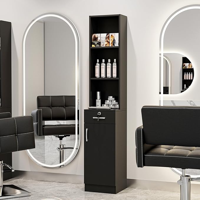 Wall Mount Salon Stations for Hair Stylist, Hair Salon Storage Cabinet, Beauty Barber Station with Lockable Drawer, Shelves, Storage Cabinet, Black