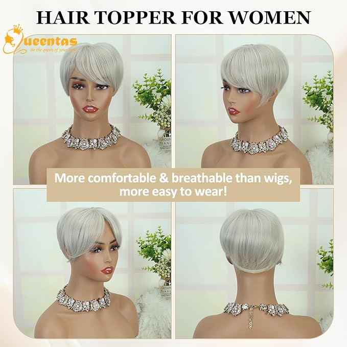 QUEENTAS Grey Hair Toppers for Women with Thinning Hair 360°3D Cover with 5 Clips Short Hair Pieces Wispy Bangs 6"*6" Large Coverage(Gray)