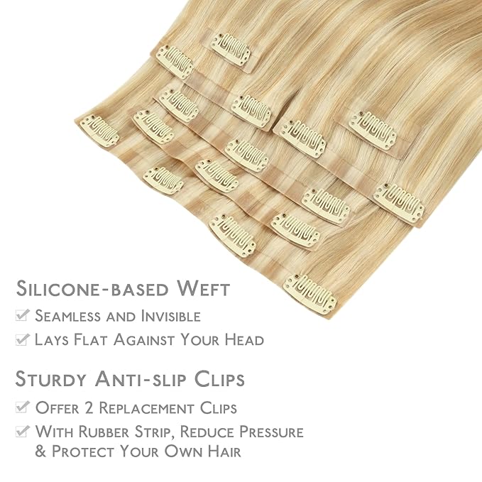 WENNALIFE Seamless Clip In Hair Extensions Human Hair, 12 Inch 80g 7pcs Light Blonde Highlighted Golden Blonde Real Hair Extensions Clip in Human Hair Invisible PU Skin Weft Natural Remy Hair