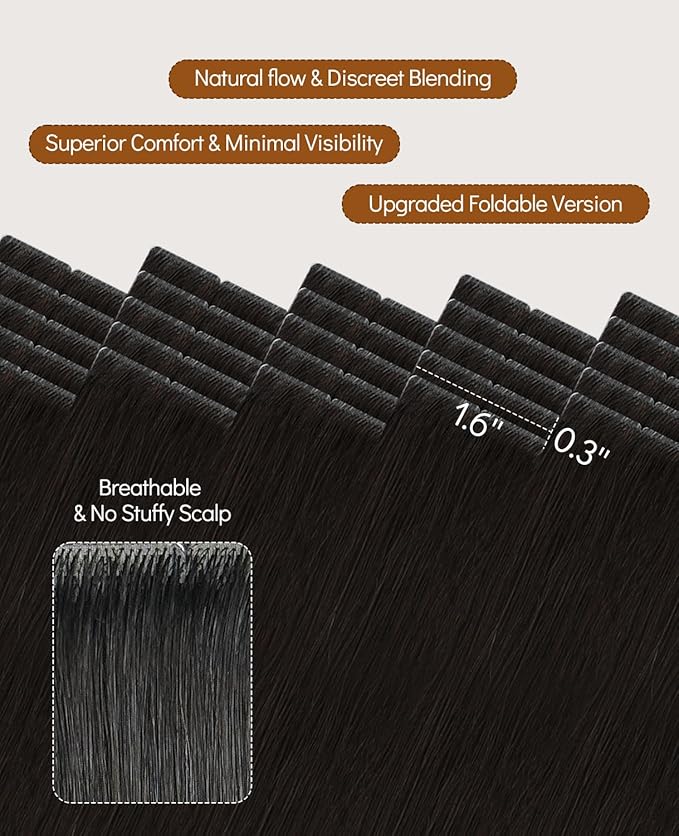 VINBAO Invisible Tape in Hair Extensions Human Hair, Darkest Brown 16in 45g 20pcs, Seamless Invisible Injected Tape Ins Remy Human Hair Thick Ends 16inch #2