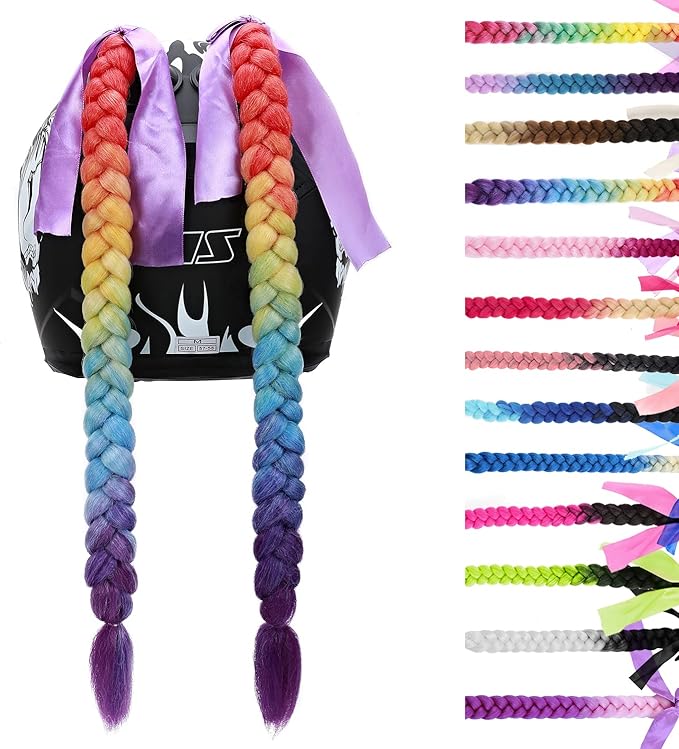 SEGO 1PCS/2PCS Helmet Pigtail Braids with Detachable Suction Cup Bowknot Ponytail Hair Many Colors (Helmet not Included)