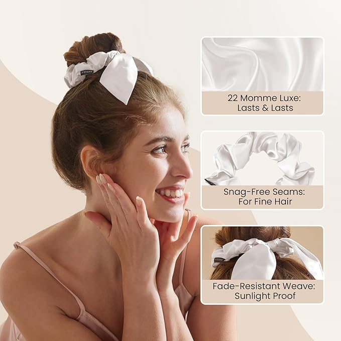 THXSILK 100% Mulberry Silk Bow Scrunchies 3-Pack, 22 Momme Mulberry Silk Hair Ties for Women, Cute Bunny Ear No Damage Ponytail Holders, Fashion Hair Accessories for Girls(M, Pearl White)