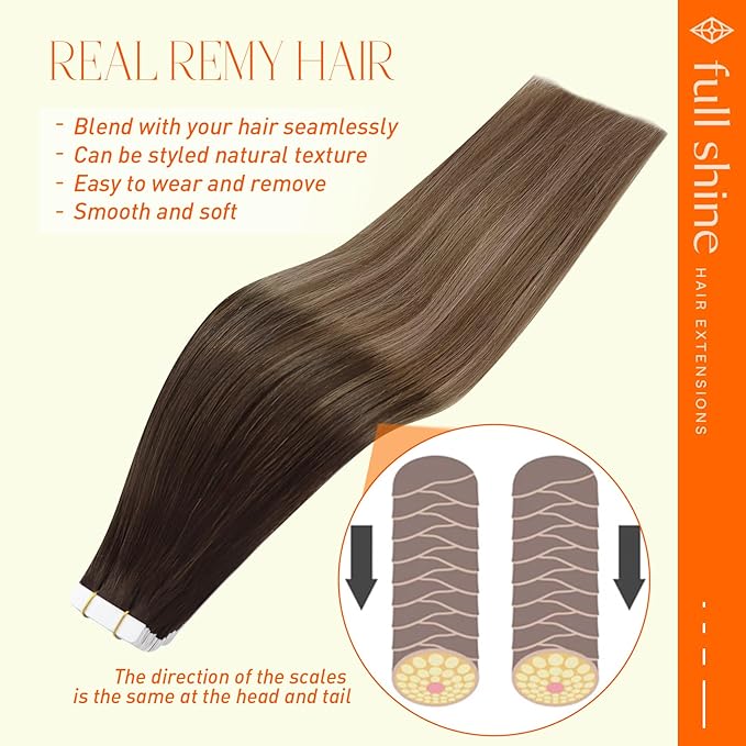 Full Shine Ombre Tape in Hair Extensions Human Hair 16 Inch Color 2/6/18 Tape in Extensions Invisible Glue on Hair Extensions 20Pcs 50G Hair Extensions Tape in Seamless Invisible