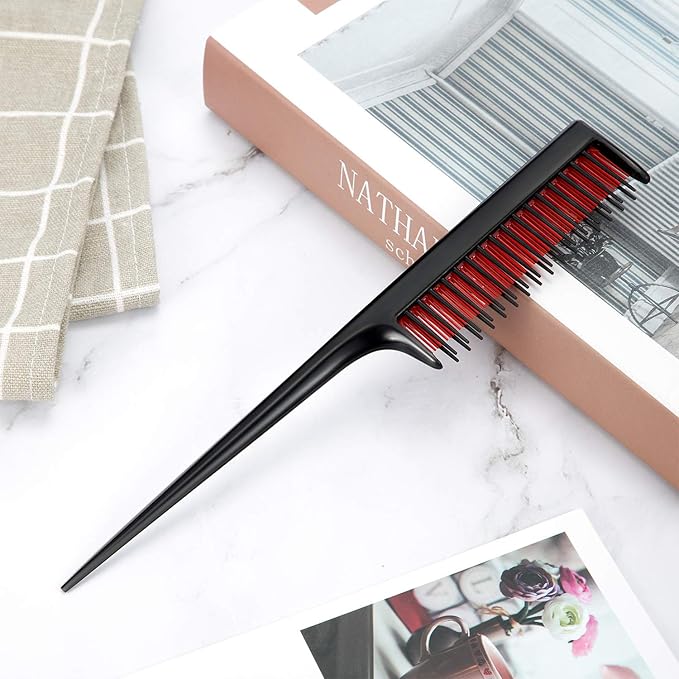 Leinuosen 3 Pcs Triple Teasing Comb for Women Plastic Rat Tail Comb Heat Resistant Pintail Tease Layer Tool for Thick Fine Hair Styling Backcombing Volume Structure(Black and Red)
