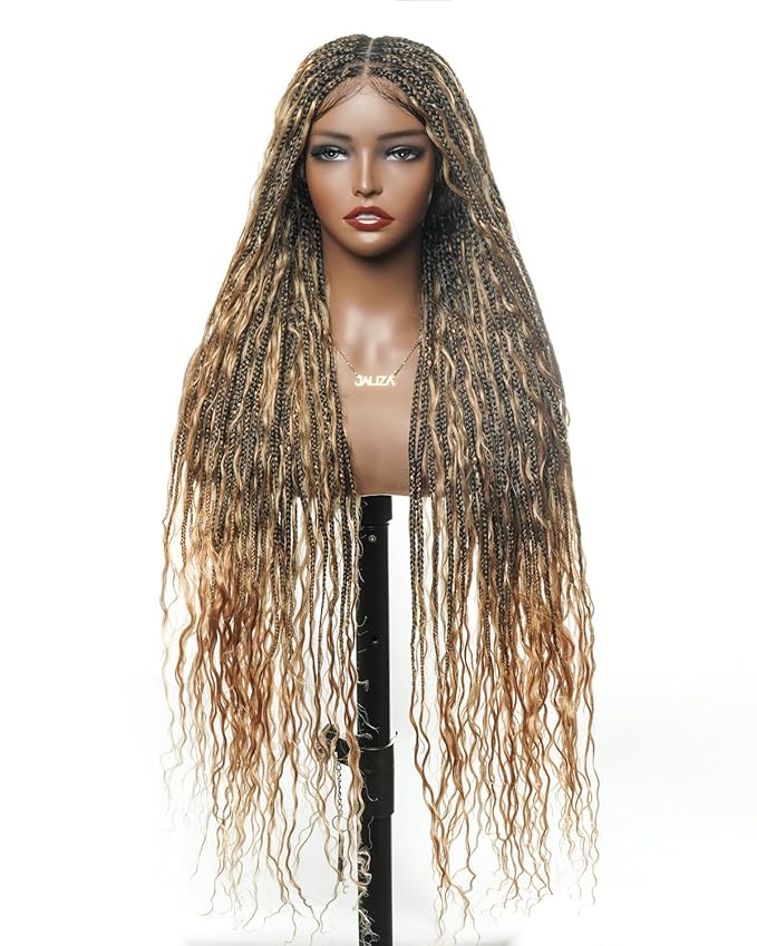 Human Hair Boho Curls Hand-Tied HD Full Lace Wig - 36" Salon-Level Small Box Synthetic Braids (121 Braids, High Density) Pre-Cut Swiss HD Lace, Pre-Plucked, Tangle-Free - 1B/27 Honey Blond